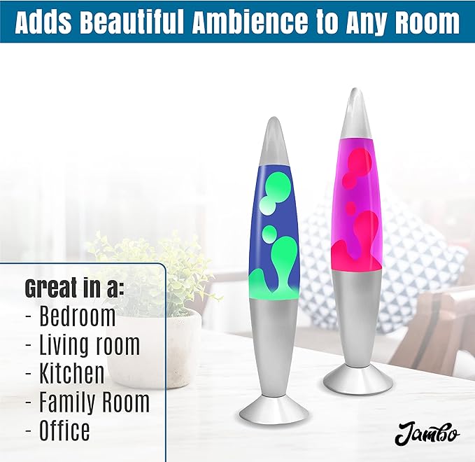 JAMBO 2 Pack- 16" Beautiful Lamp- Blue with Yellow/Green Wax and Purple with Pink Wax, Relaxing Liquid Lamp, Night Light Nightlight, Lamps for Adults Teens Kid