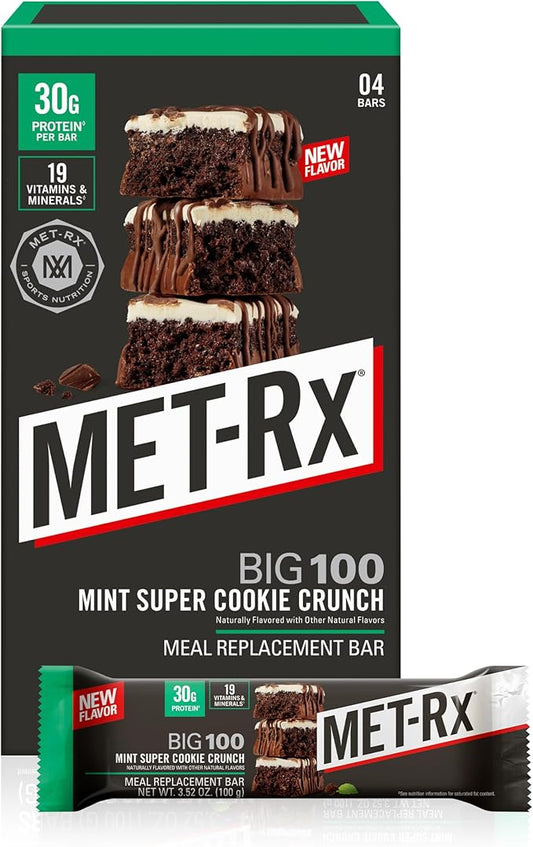 MET-Rx Big 100 Colossal Protein Bars, Mint Super Cookie Crunch, Meal Replacement Bars, 4 Count