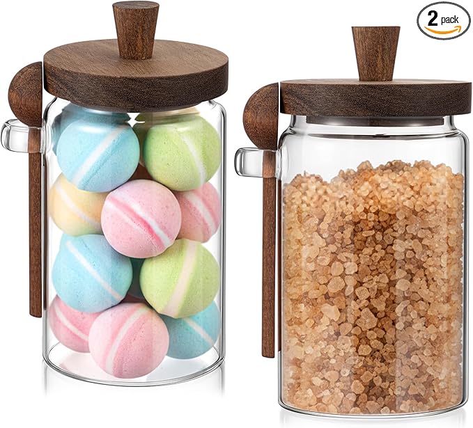 Suclain 2 Set Glass Bath Salts Jar with Wooden Lids and Scoop Bath Salt Container Food Airtight Storage Containers for Sugar Coffee Bean Candy Spice, 26oz