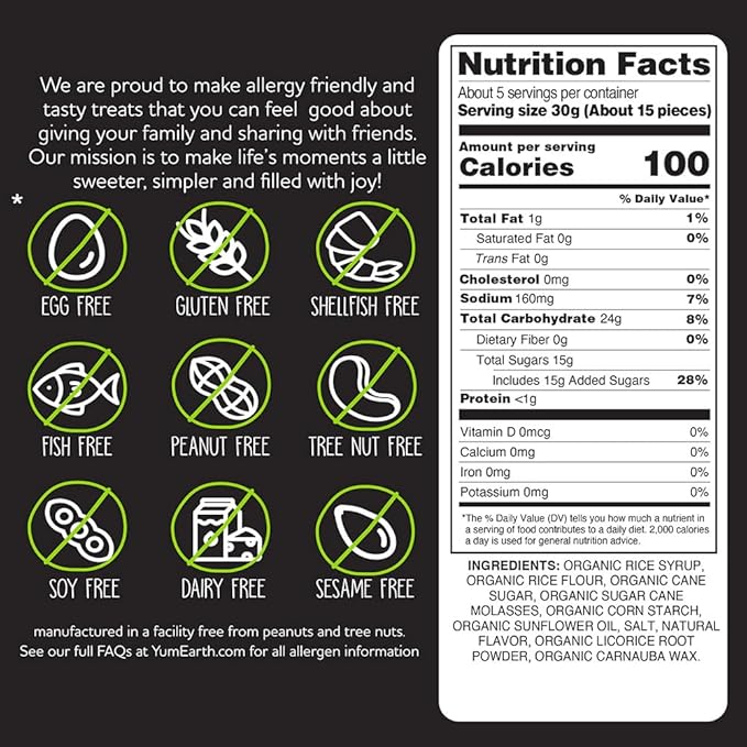 YumEarth Organic Gluten Free Black Licorice Snack Packs - Allergy Friendly, Gluten Free, Non-GMO, Vegan, No Artificial Flavors or Dyes - 5 Ounce (Pack of 6)