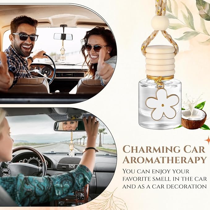 2 Sets Hanging Car Air Freshener and Essential Oil Diffuser, Car Air Freshener Daisy Essential Oil Diffuser Long Lasting Automobile Aromatherapy(White,Coconut)