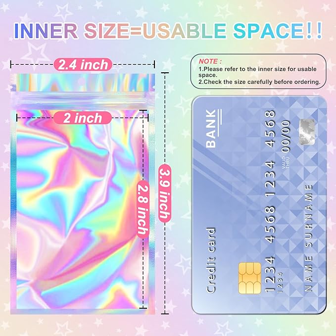 ANZNKU 100 Pack Mylar Bags Reasealable Holographic Bags, Smell Proof Bag Zipper Pouches with Clear Window, Jewelry Candy Sealable Bag for Packaging Sample Party Favor (2.4 x 3.9 Inch)