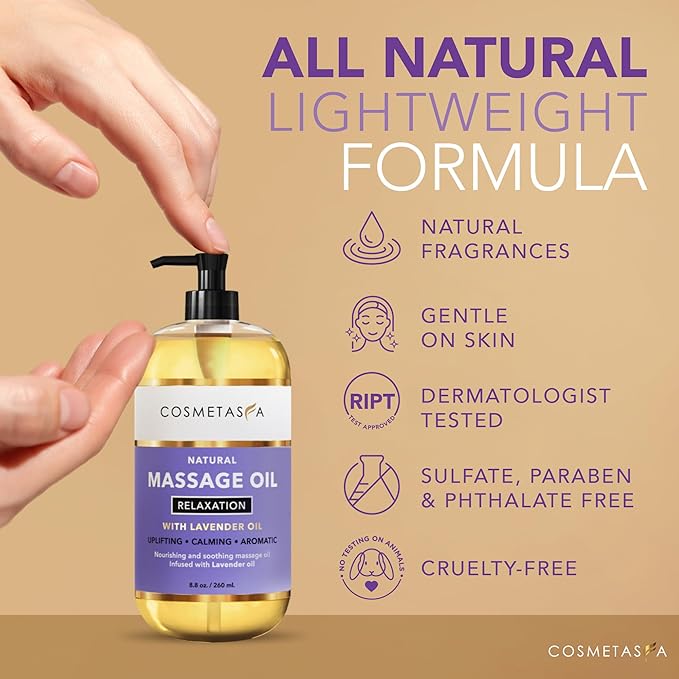 Cosmetasa Lavender Massage Oil for Massage Therapy with Roller - All Natural, Cruelty-Free & Spa Quality Skin Therapy Oil & Soothing Care - Lavender, Geranium & Grapeseed Oil (8.8 oz)