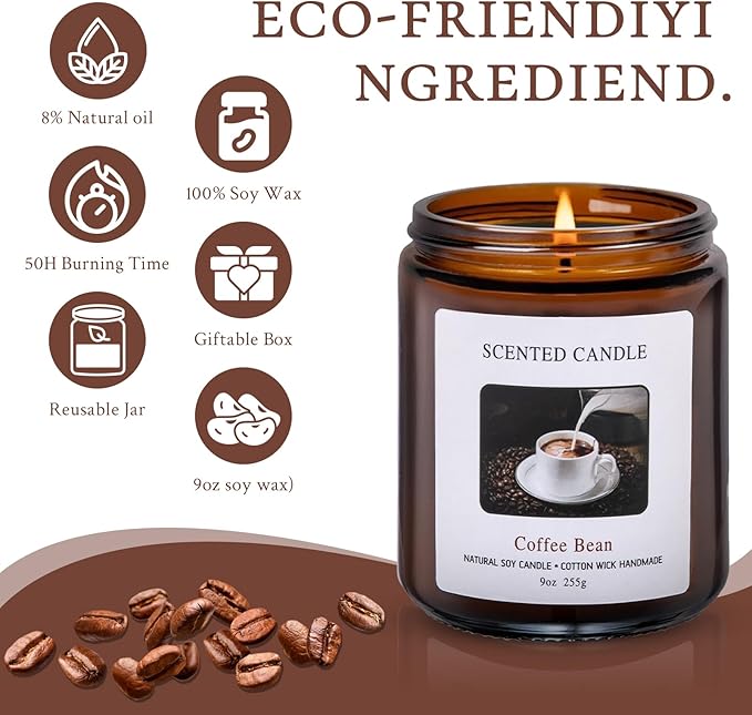 Coffee Bean Scented Candles for Home Scented Aromatherapy Candles,Hand-Poured, 9 OZ, 50H Clean Burn, Soy Wax Candle Gift Set for Women Men