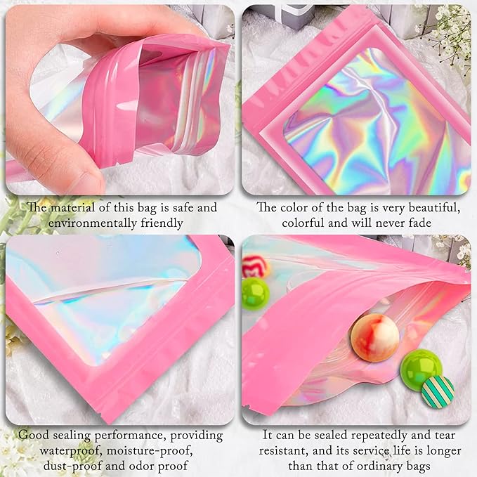 100 Pieces Smell Proof Mylar Resealable Bags, Holographic Packaging Bags, Resealable Odor Foil Pouch Zip Bags with Clear Window for Food Storage and Lipgloss, Jewelry Lash (Pink, 5.1 x 8.3 Inch)