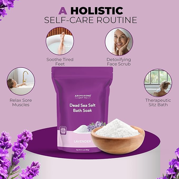 Aromasong Dead Sea Salt for Soaking with Natural Lavender Essential Oil – 14 Oz. Spa Bath Salt Fine Grain 7 Uses Per Pack - for Body Wash Scrub - Soak for Women & Men for Tired Muscles & Skin Issues