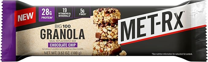 MET-Rx Big 100 Granola Protein Bar, Meal Replacement Bar, 28 G Protein, Chocolate Chip, Pack of 9