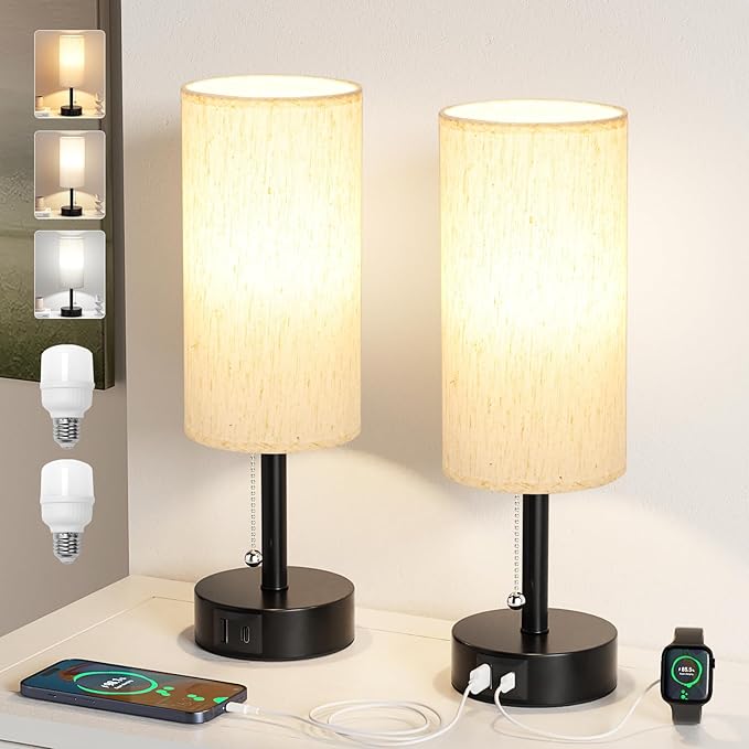 Fenmzee USB Bedside Table Lamps Set of 2-3 Color Temperatures Pull Chain Lamp with USB C and A Charging Ports, Round Night Stand Lamps for Bedroom