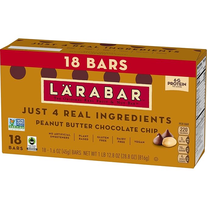 Larabar Peanut Butter Chocolate Chip, Fruit and Nut Bars, Gluten Free and Vegan, 28.8 oz, 18 Ct