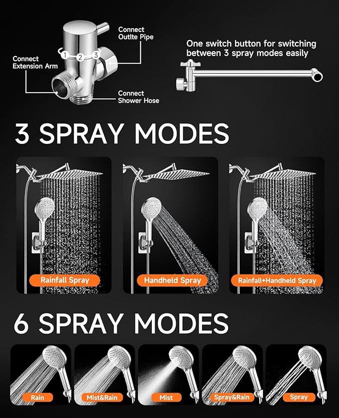 10 inch Rainfall Shower Head Combo Stainless Steel, THE FIRST WATERFALL mode, 10 Inch Rain Shower Head with Handheld 6 Spray Modes High Pressure, Overhead Shower Adjustable Extension Arm,Chrome