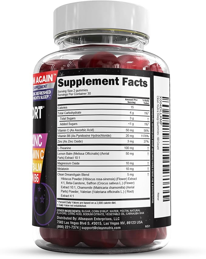 Clean Nutra Melatonin Gummies 10mg | Sleep Aid Valerian Root L-Theanine Vitamin B6 C Lemon Balm Magnesium Hibiscus Beta Carotene Saffron & Chamomile Rest Support Supplement Raspberry Flavor