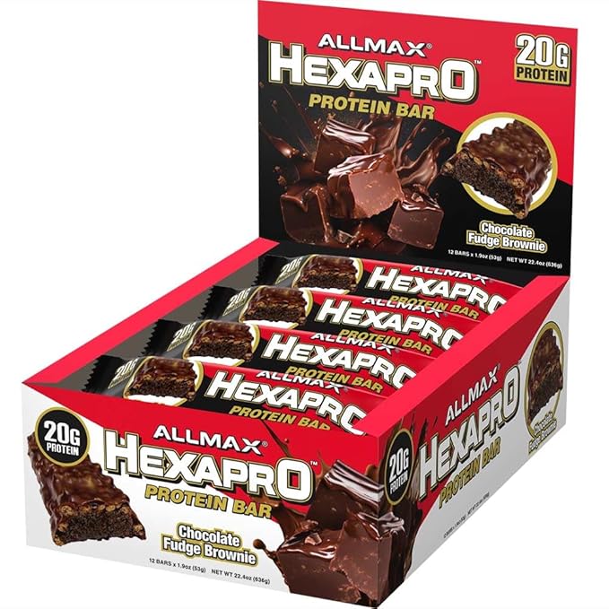 ALLMAX HEXAPRO PROTEIN BAR, Chocolate Fudge Brownie - Pack of 12 - High-Protein Energy Snack - 20 g of Protein Per Bar - With Whey Protein Isolate
