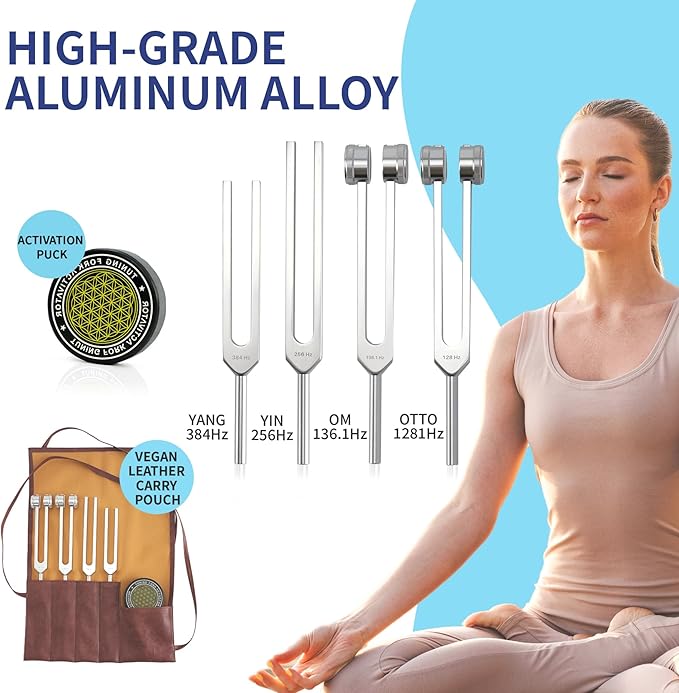Tuning Forks for Healing Set – Includes 128Hz, 136Hz, 256Hz, 384Hz & Activator, Portable in Red Leather Pouch – Medical Grade Sound Healing Instruments for Chakra, Yoga, and Meditation