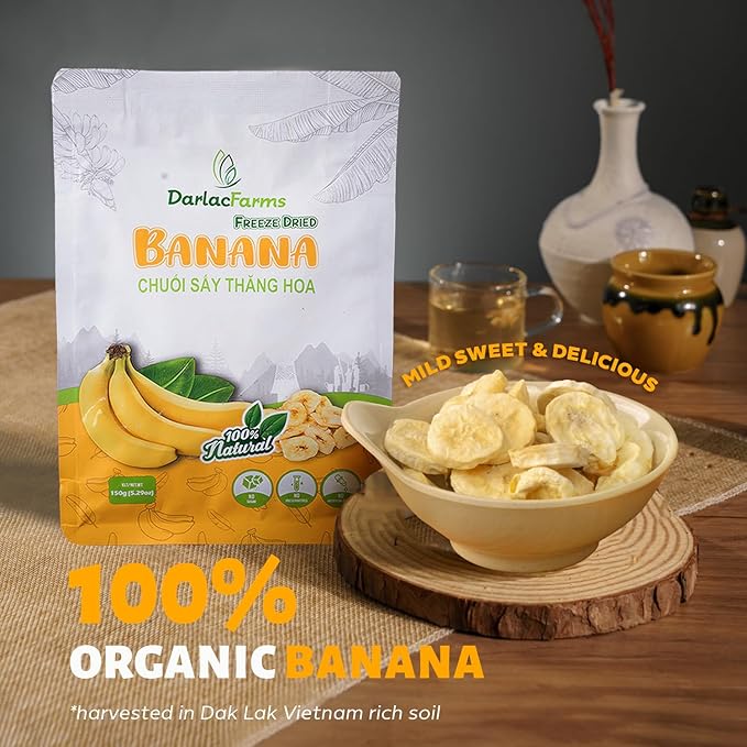 DARLAC FARMS Freeze Dried Banana Chips Pack 2, 5.29 Oz/Each, Premium Organic Crispy Crunchy Natural Healthy Fruit Snacks for Kids, Adults & All Ages, No Sugar Added
