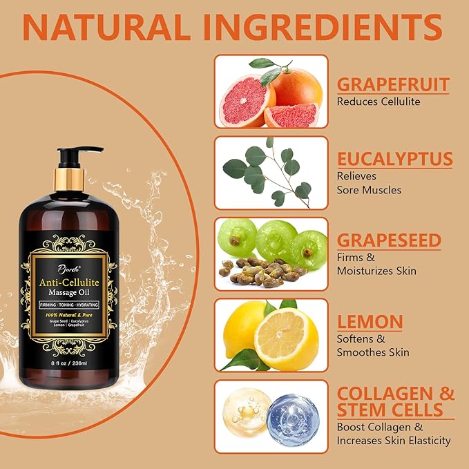 Anti Cellulite Massage Oil & Hot Cream Set with Massager, Natural Cellulite Remover, Oil & Massager for Legs Arms and Butt, Firm, Tighten & Moisturize Skin Soothes Muscles (8 Fl Oz)