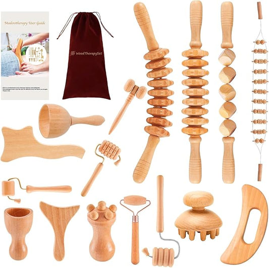 16-in-1 Wood Therapy Massage Tools Gua Sha, Maderoterapia Kit Muscle Pain Relief, Lymphatic Drainage, Body Sculpting Kit with Facial Wood Roller Fascia Massage