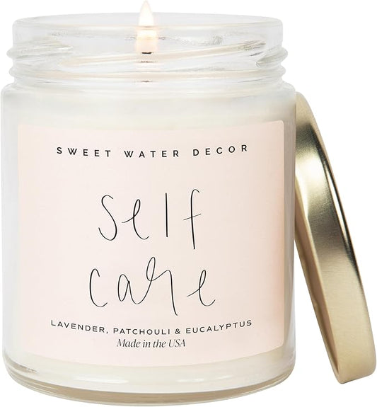 Sweet Water Decor Self Care Soy Candle - Patchouli Eucalyptus & Lavender Candles for Home - 100% Cotton Wick & Spa Scented Soy Wax Candles with 40 Hour Burn Time - 9oz Clear Jar - Made in The USA