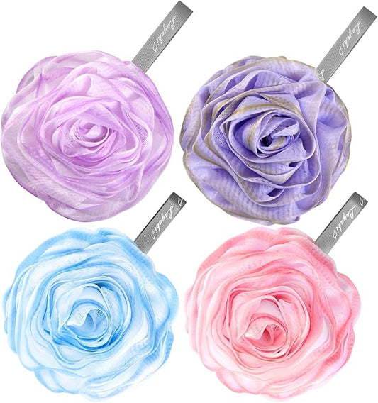Bath Loofah, Shower Sponge, Body Scrubber, Rose-Shaped, Elegant (Set of 4 Pieces)