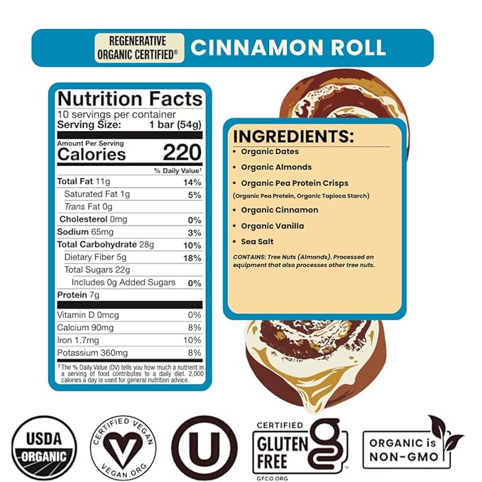 Bearded Brothers, Organic Vegan Protein Energy Bars, Cinnamon Roll (10 Pack) - Gluten Free, Paleo, Fiber, Whole 30, Non GMO Low Glycemic Snacks