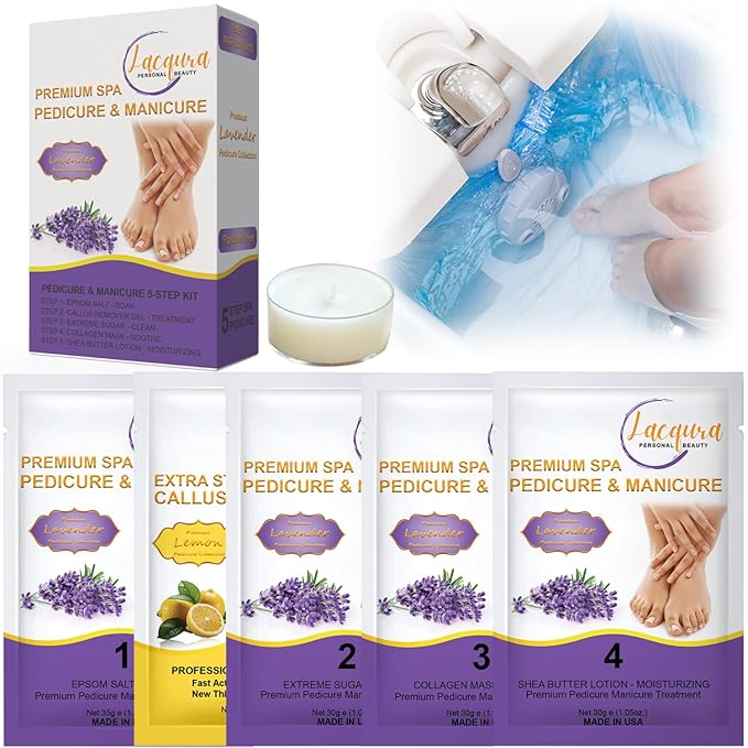 Deluxe Pedicure 6 Step in 1 Box – Epsom Salt, Callus Remover, Extreme Sugar Scrub, Collagen Mask, Massage Oil Candle & Shea Butter Lotion. (Lavender 20 Set)