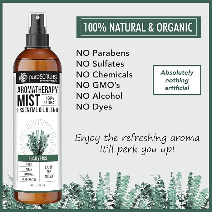 SHAKE, MIST & ENJOY - pureSCRUBS Premium Eucalyptus Aromatherapy Spray Mist for Room, Body, Linens, 100% Natural Essential Oils Plant Based Formula - One 4oz Bottle
