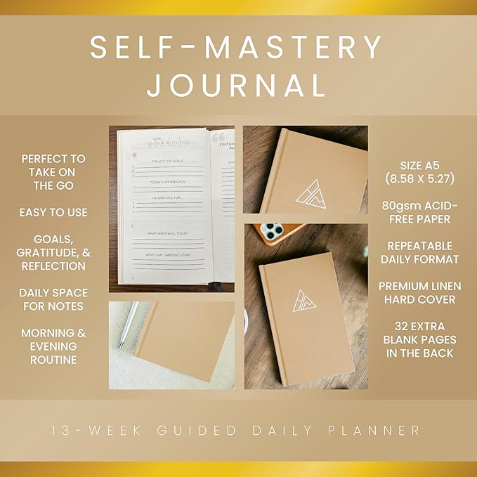 Self-Mastery Journal for Men - Gratitude Journal – 5 Minute Journals - Reflection Manifestation Journal for Mindfulness – Goal/Guided Gratitude Journel for Women & Men (Khaki)