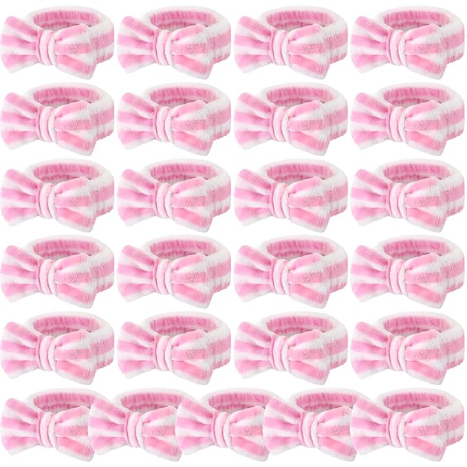 25 Pcs Spa Headband Bulk Makeup Headbands for Washing Face Cute Bow Hairbands Soft Coral Fleece Hairbands for Women Face Skin Care Makeup Spa Gift Shower Yoga (Stripe Pattern,Pink)