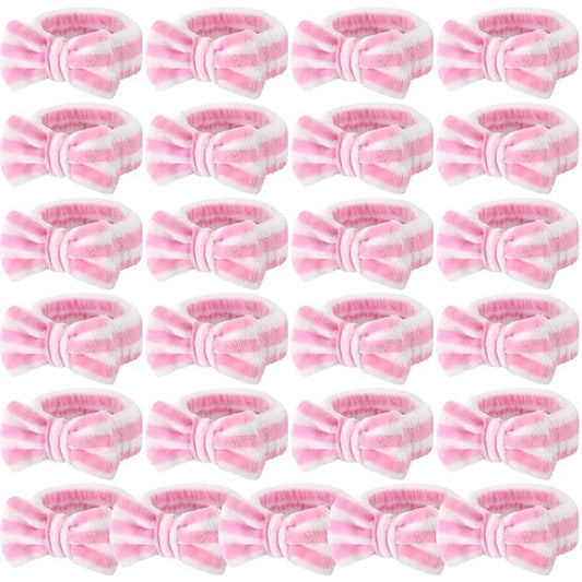 25 Pcs Spa Headband Bulk Makeup Headbands for Washing Face Cute Bow Hairbands Soft Coral Fleece Hairbands for Women Face Skin Care Makeup Spa Gift Shower Yoga (Stripe Pattern,Pink)