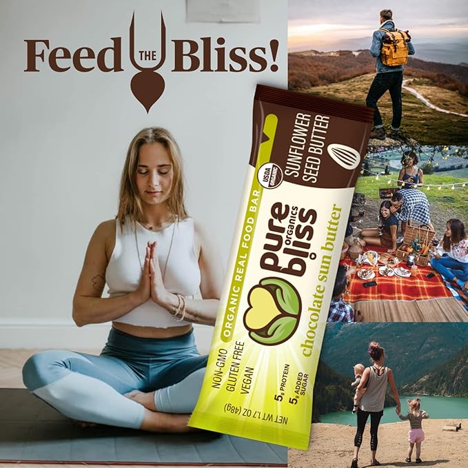 Organic Real Food Bar (Chocolate Sun Butter) Non-GMO, Gluten Free, Vegan, Nutrition Bars, Energy Bars, Super Food Simple Ingredients, Best Tasting, Healthy Snack, Breakfast Bars, Dairy Free, Soy Free, Pure Bliss Organics (1.7 oz bar, 12-Pack Case)