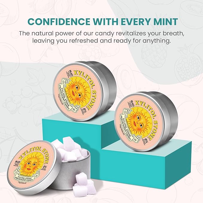 Xylitol Stone Sugar Free Candy - Vegan & Keto Friendly Unique Hard Candy Sugar-Free - 100% Natural Flavor Candies - Gluten Free & Non-GMO Breath Freshener Low Calorie Mints - Peach (Pack of 3)
