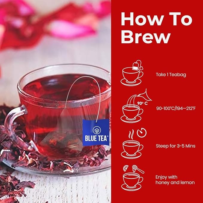 BLUE TEA - Hibiscus Tea - 18 Count - Ginger - Pyramid Plant Based Tea Bag | SKIN GLOW ENHANCING TEA | Herbal Tea - Tangy & Spicy - Flower Based - Caffeine Free - Vegan | Reusable Tin Pack