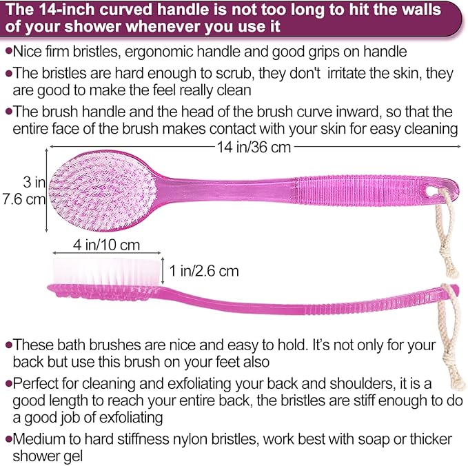 Back Bath Brush - Curved Long Handle Shower Brush with Medium Stiff Bristles for Exfoliating Body, Back Scrubber for Men & Women (Pink 2 Pack)