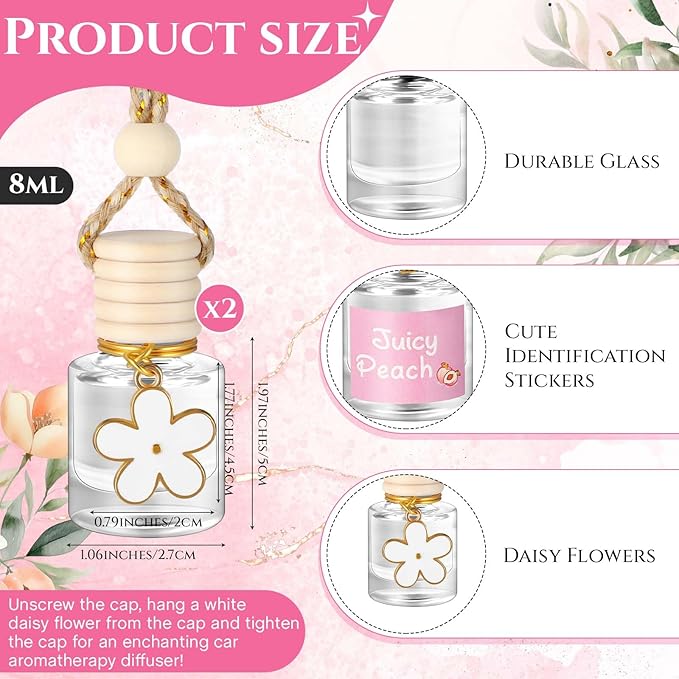 2 Sets Hanging Car Air Freshener and Essential Oil Diffuser, Car Air Freshener Daisy Essential Oil Diffuser Long Lasting Automobile Aromatherapy(White,Juicy Peach)