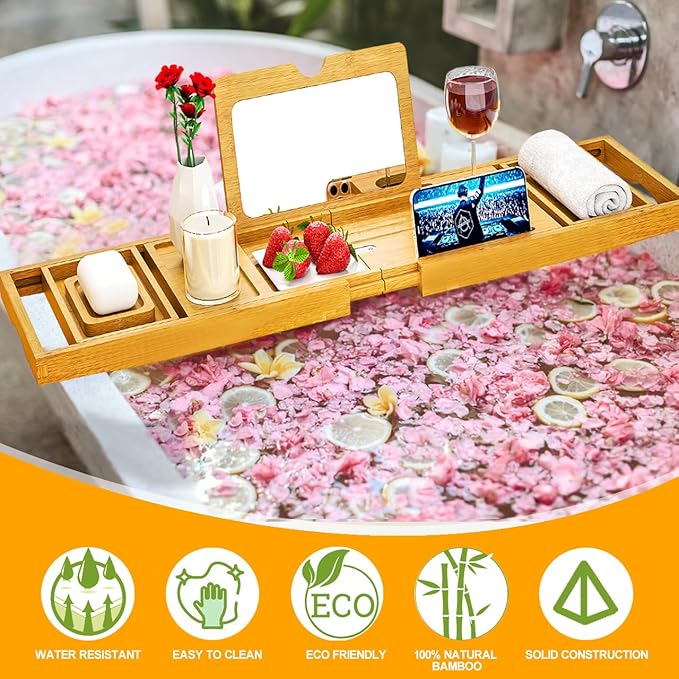 Premium Bathtub Tray Caddy with Makeup Mirror Bamboo - Bath Tray Expandable- Unique House Warming Gifts, New Home, Anniversary & Wedding Gifts for Couple, Bridal Shower Gift for Wome