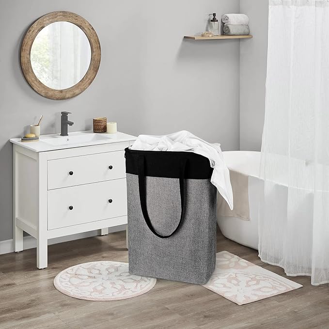 Collapsible Laundry Baskets Double Laundry Hampers Large Foldable Laundry Basket Organizer with Straps Black Gray Cloth Laundry Hamper for Dirty Clothes, QY-SC23-2