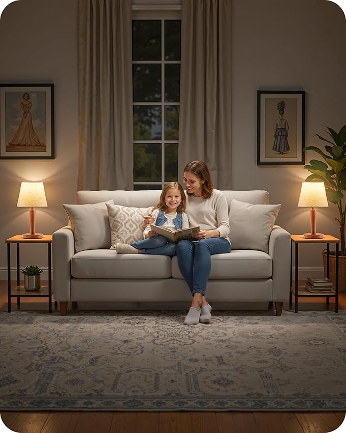 12”Wood Bedside Table Lamps Set of 2, Small Desk Lamps for Small Places, 3 Color Temperatures with Memory,Beige Linen Shade & E26 Bulbs, for Bedroom Living Room Office LE13TLP205