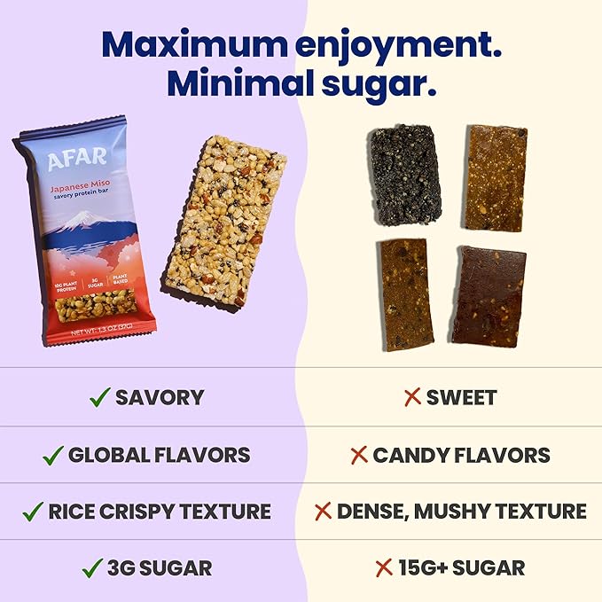 Afar Savory Protein Bars – Low Sugar, High Protein – Healthy Snacks for Adults – Meal Replacement Bar – Rice Crispy Texture – Vegan, Gluten Free (8 Bars, Japanese Miso)