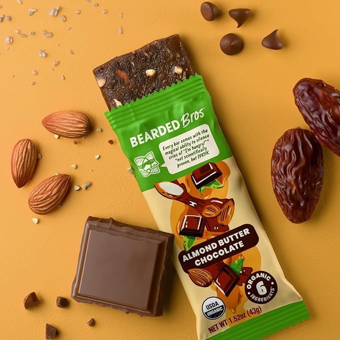 Bearded Brothers, Organic Vegan Protein Energy Bars, Almond Butter Chocolate (12 Pack) - Gluten Free, Paleo, Non GMO, Soy Free, Low Glycemic, No Sugar Added, Whole 30, Fiber (Packaging May Vary)