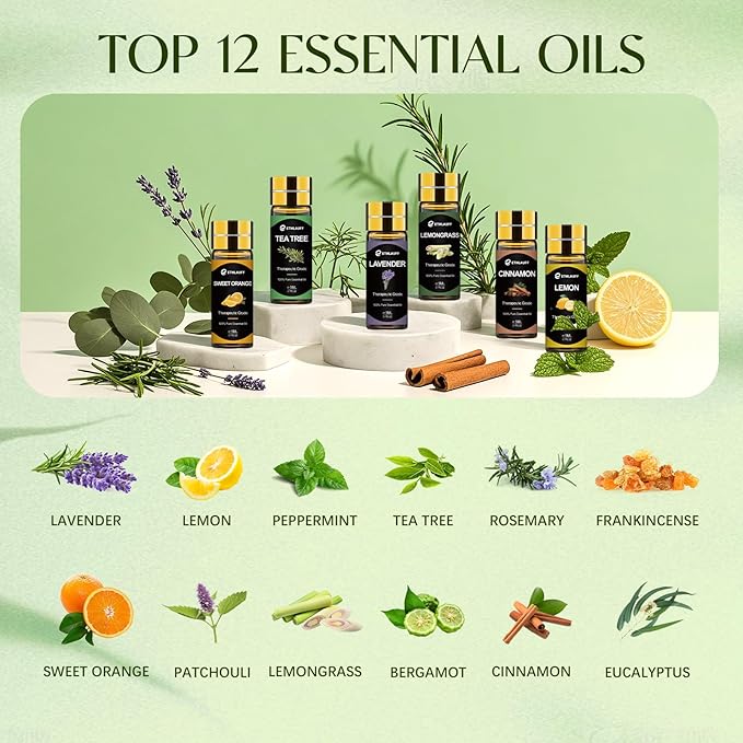 Top 12 Essential Oils Set, Pure Essential Oil for Diffuser, Humidifiers, Skin Care, Massage, Fragrance Oil Scent for DIY Candle and Soap Making, Gift for Friend