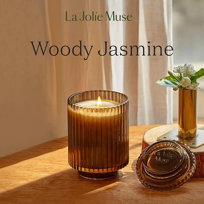 LA JOLIE MUSE Woody Jasmine Candles for Home Scented - Luxury Jar Candles with Aesthetic Glass, Candles Gifts for Women, 80 Hours Long Burning, 12.3oz