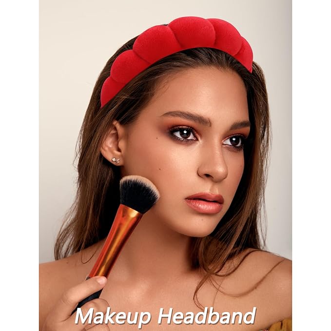 VELSCRUN Spa Headbands for Wash Face, Makeup Headband, Facial Skincare Headbands, 5 Pcs Red Puffy Sponge Spa Headband Bow Tie Hair Band Hair Clips Wristband Set Women Girls Accessories
