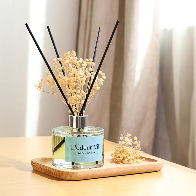 L'odeur Vill Reed Diffuser Set, 6.7 oz(200ml) White Jasmine Scented Diffuser with 6 Oil Diffuser Sticks, Home Fragrance Essential Oil Reed Diffuser for Home Large Rooms Bathroom Shelf Decor