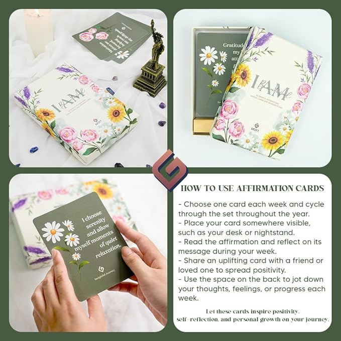 52 Positive Floral Affirmation Cards for Women with Display Stand - Mindful Affirmations to Build Success - Daily Growth Challenges & Inspiration - Mindfulness & Self Care Gift for Women, Men