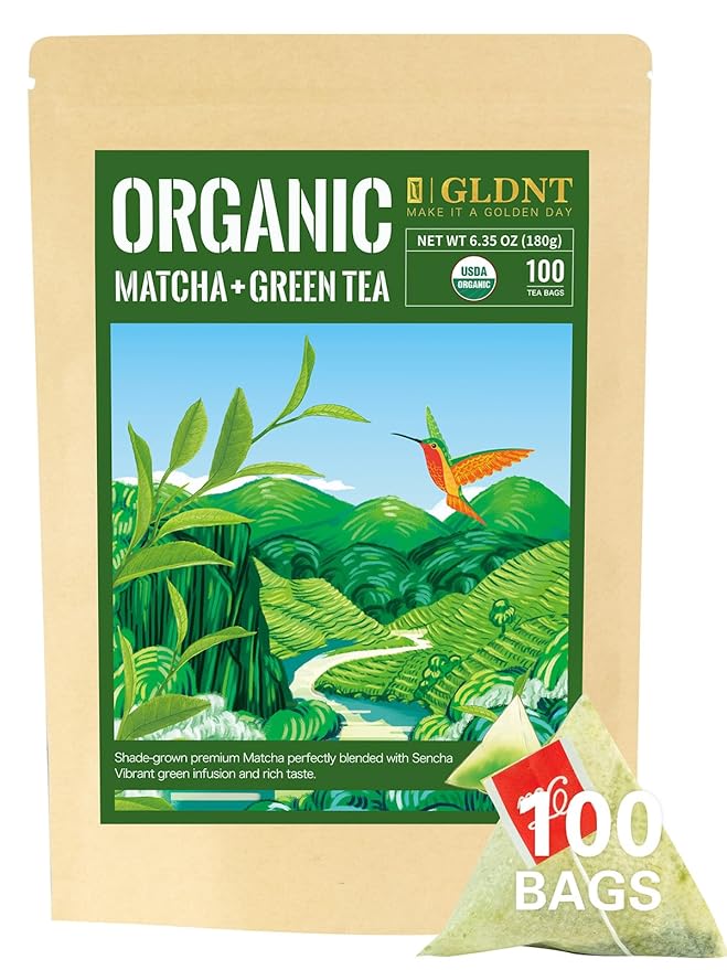 GLDNT Organic Matcha Green Tea Bags, Premium Organic Japanese Matcha + Sencha Green Tea, Rich in Antioxidants, Caffeinated, 100 Count