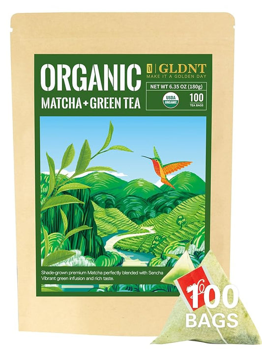 GLDNT Organic Matcha Green Tea Bags, Premium Organic Japanese Matcha + Sencha Green Tea, Rich in Antioxidants, Caffeinated, 100 Count