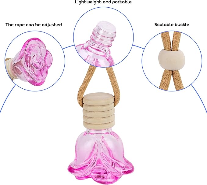 6Pcs Flower Shape Air Freshener Car Hanging, Car Aromatherapy Essential Oil Diffuser Bottle, Refillable Perfume Bottles Pendant Auto Interior Decor for Essential Bottle Ornament (Pink)