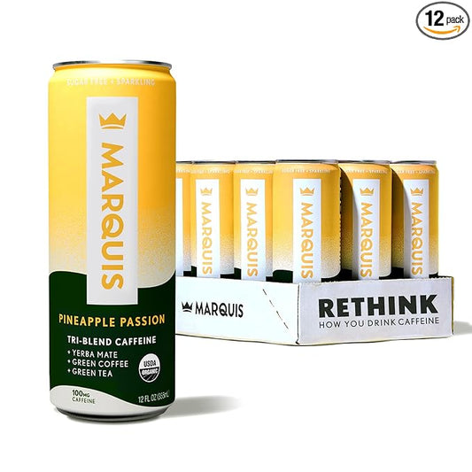 Marquis - Natural Energy Drink - Pineapple Passion - Sugar Free - 0 Calories - 100mg of Organic Plant Based Caffeine - Yerba Mate - Green Tea - Vitamin C & B Vitamins - Vegan - 12 oz Cans - 12 Pack