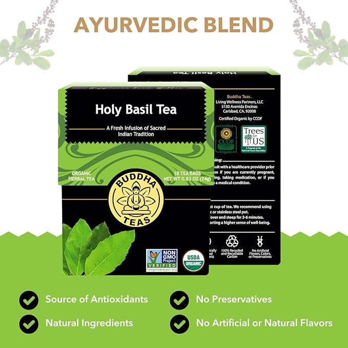 Buddha Teas - Holy Basil - Organic Herbal Tea - For Cognitive Balance & Overall Health - Ayurvedic Tulsi - With Antioxidants - Caffeine Free - 100% Kosher & Non-GMO - 18 Tea Bags (Pack of 1)