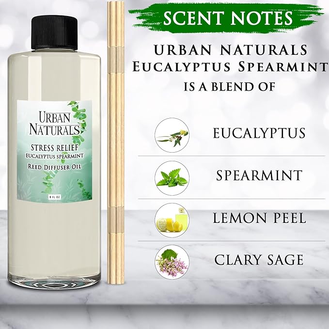 Urban Naturals Reed Diffuser Oil Refill Eucalyptus Spearmint with Lemon Peel, Clary Sage 8 oz + Free Reed Sticks, Made in The USA