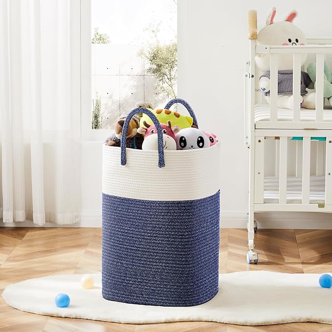 Laundry Basket,Woven Cotton Rope Laundry Hamper,Versatile Storage for Dirty Clothes,Baby Toys,and Blankets in Bathroom, Nursery,and Living Room (Blue, 80L)